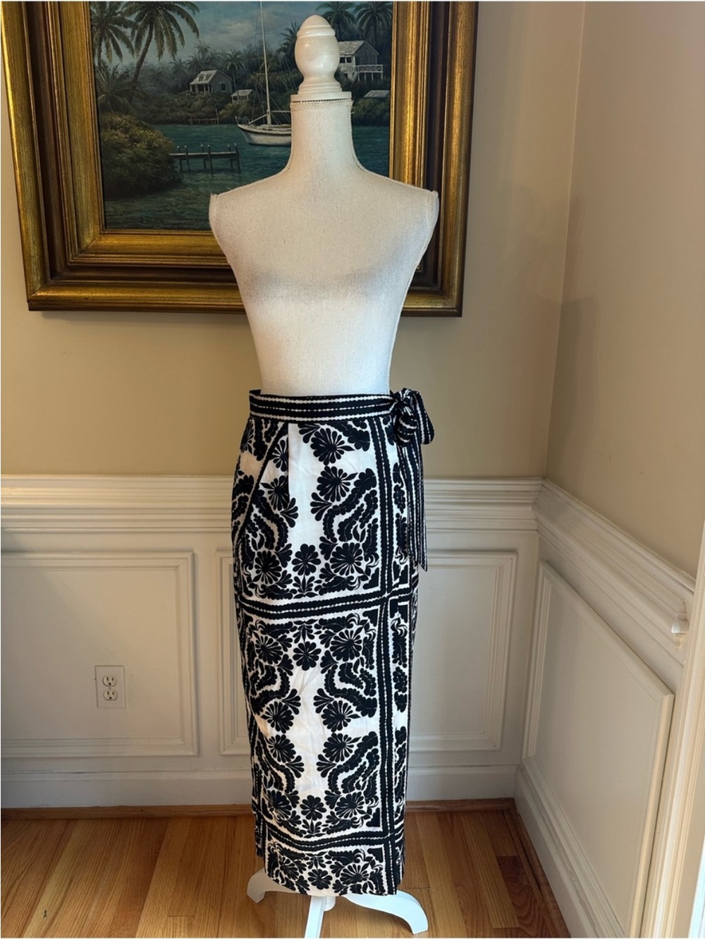 ANTONIO MELANI Black & White Embroidered Wrap Midi Skirt